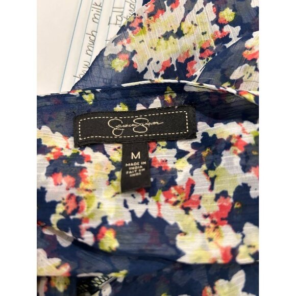 Jessica Simpson Floral Sheer Crop Top Blouse M Long Sleeve Navy Blue & Multicol - Picture 4 of 8